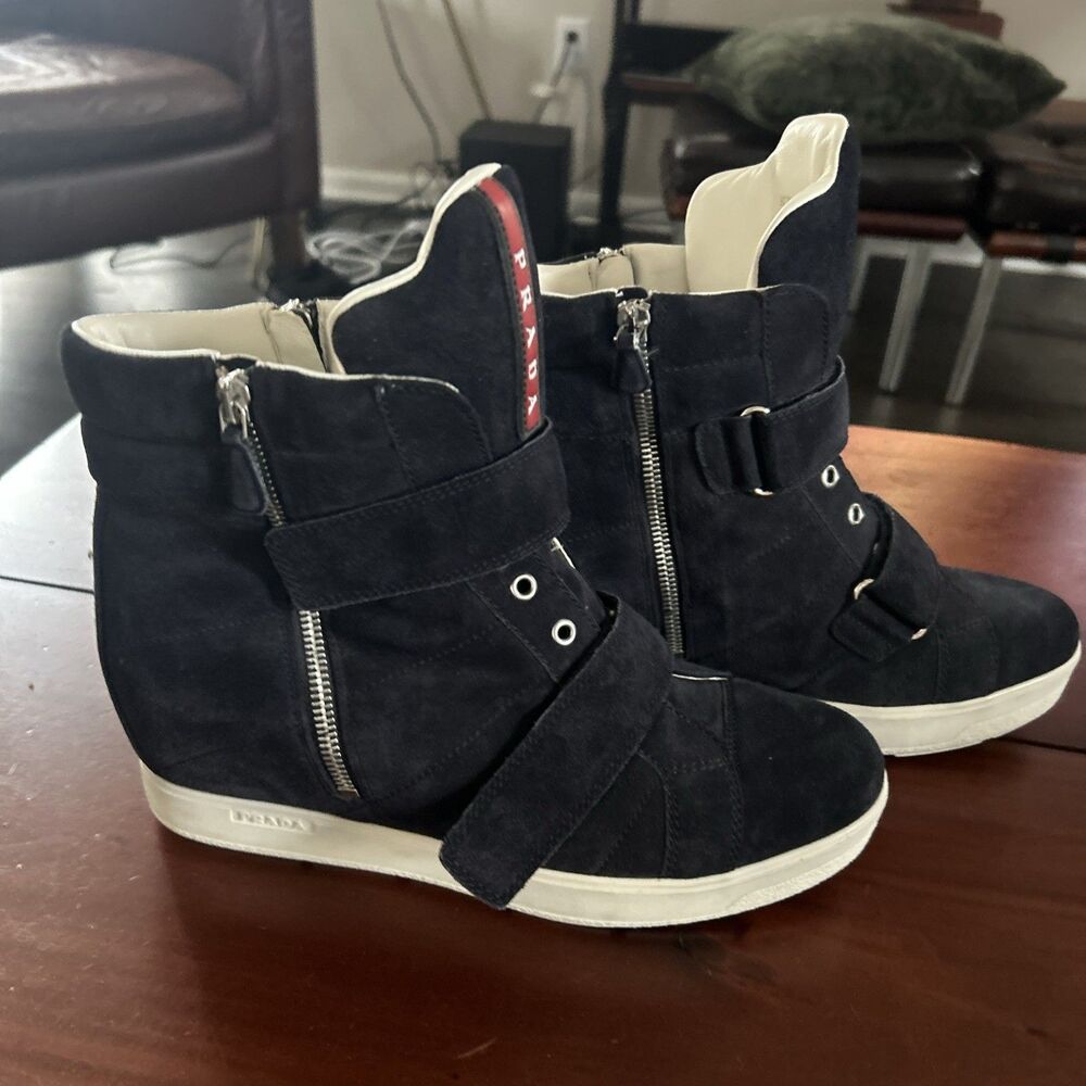 Prada Womens Black Suede 1” Heel Zip Up Wedge High Top Sneaker Boots 40 EU 10 US - Picture 8 of 14